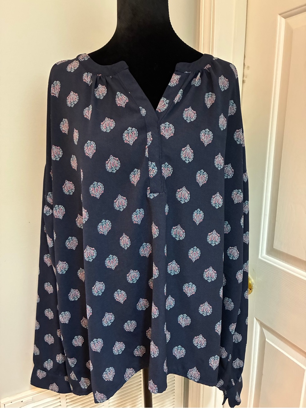 Wonderly Navy Button-Front Casual Shirt with Pink Paisley Motif
